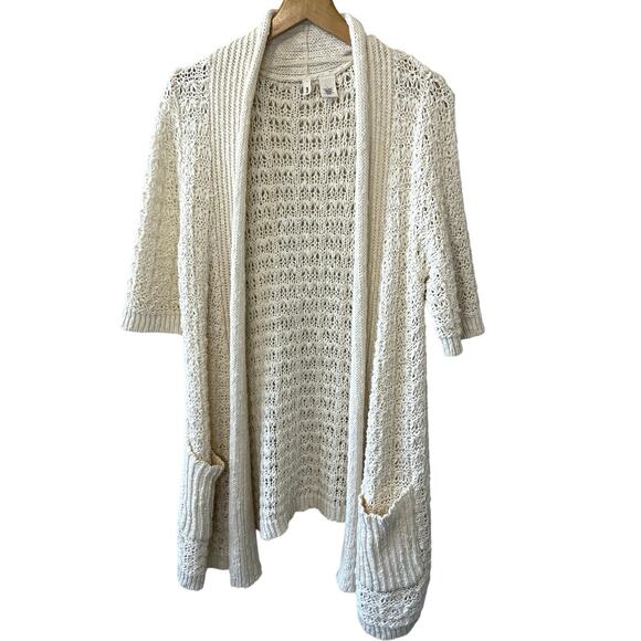 MOTH Anthropologie Open Front Short Sleeve Long Crochet Cardigan Pockets Large - Picture 11 of 12